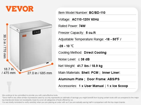 VEVOR chest freezer, 3.88 cu.ft, adjustable temperature, 30.3" height, 27" width, 18.7" depth.