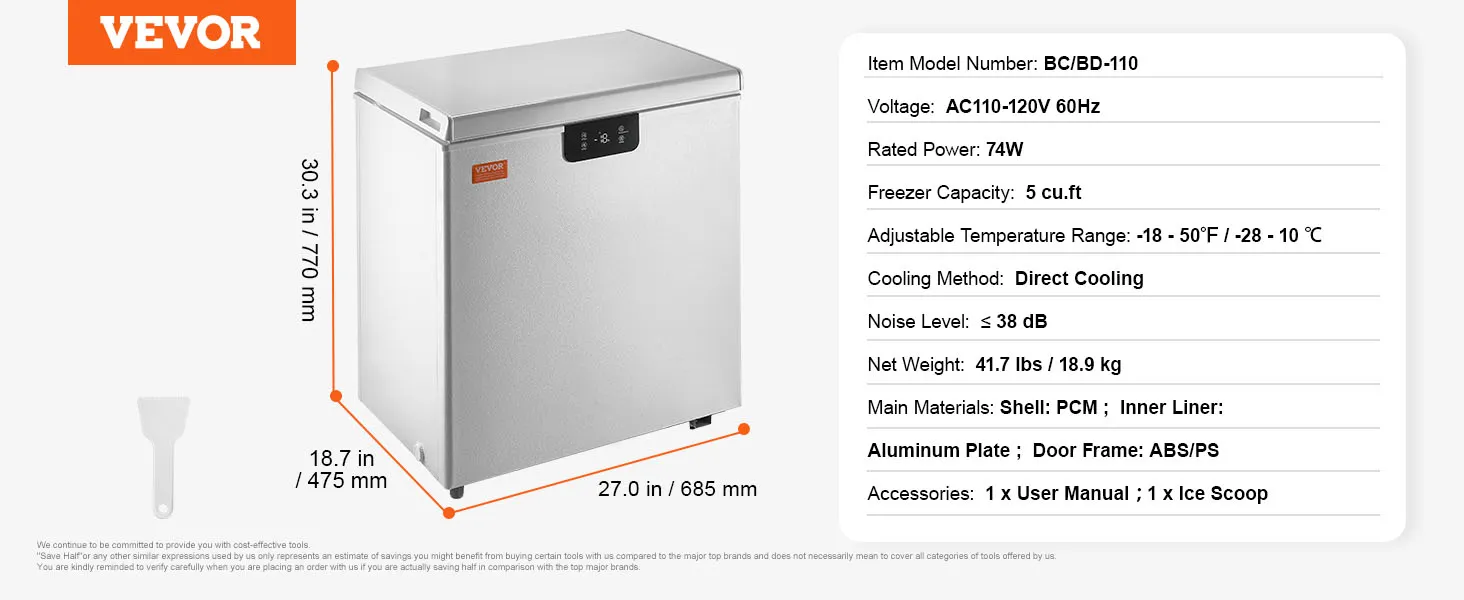 VEVOR chest freezer, 3.88 cu.ft, adjustable temperature, 30.3" height, 27" width, 18.7" depth.