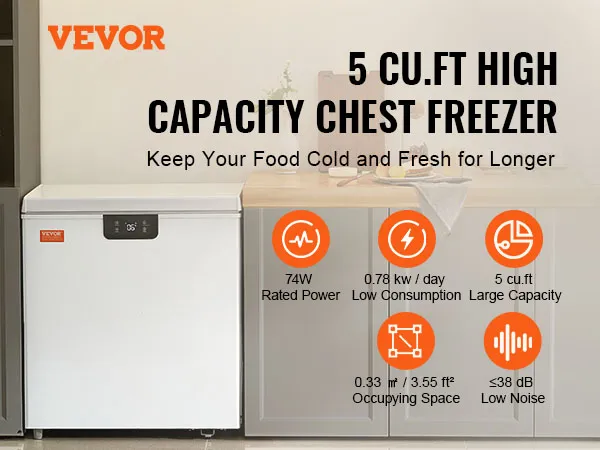 VEVOR chest freezer in a kitchen with 3.88 cu.ft capacity, low power consumption, and quiet operation.