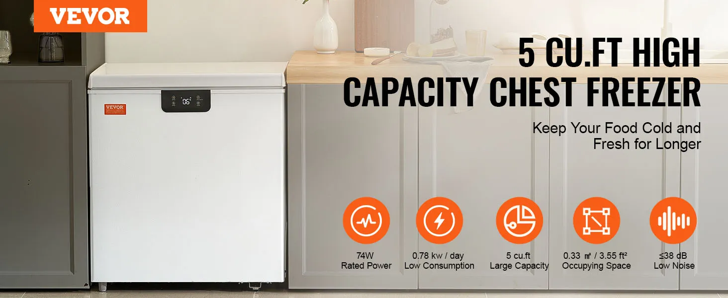 VEVOR chest freezer in a kitchen with 3.88 cu.ft capacity, low power consumption, and quiet operation.