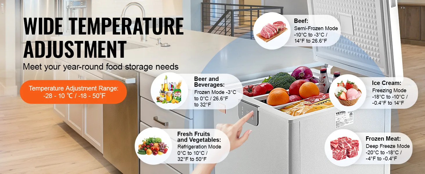 wide temperature adjustment of VEVOR chest freezer for beer, fruits, ice cream, beef, and frozen meat.