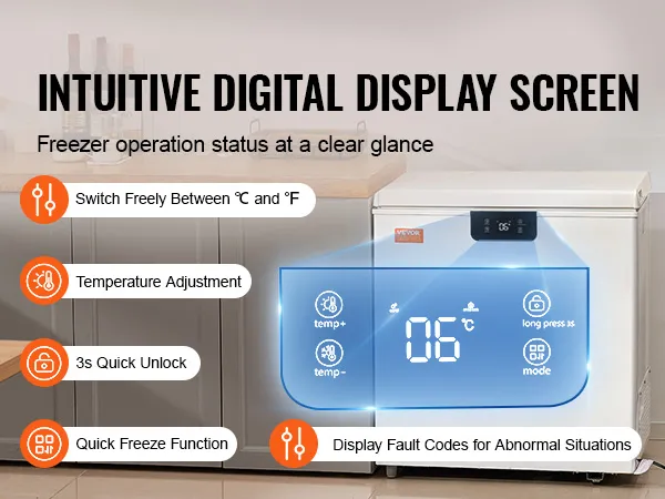 VEVOR chest freezer with intuitive digital screen, temperature adjustment, and quick freeze functions.