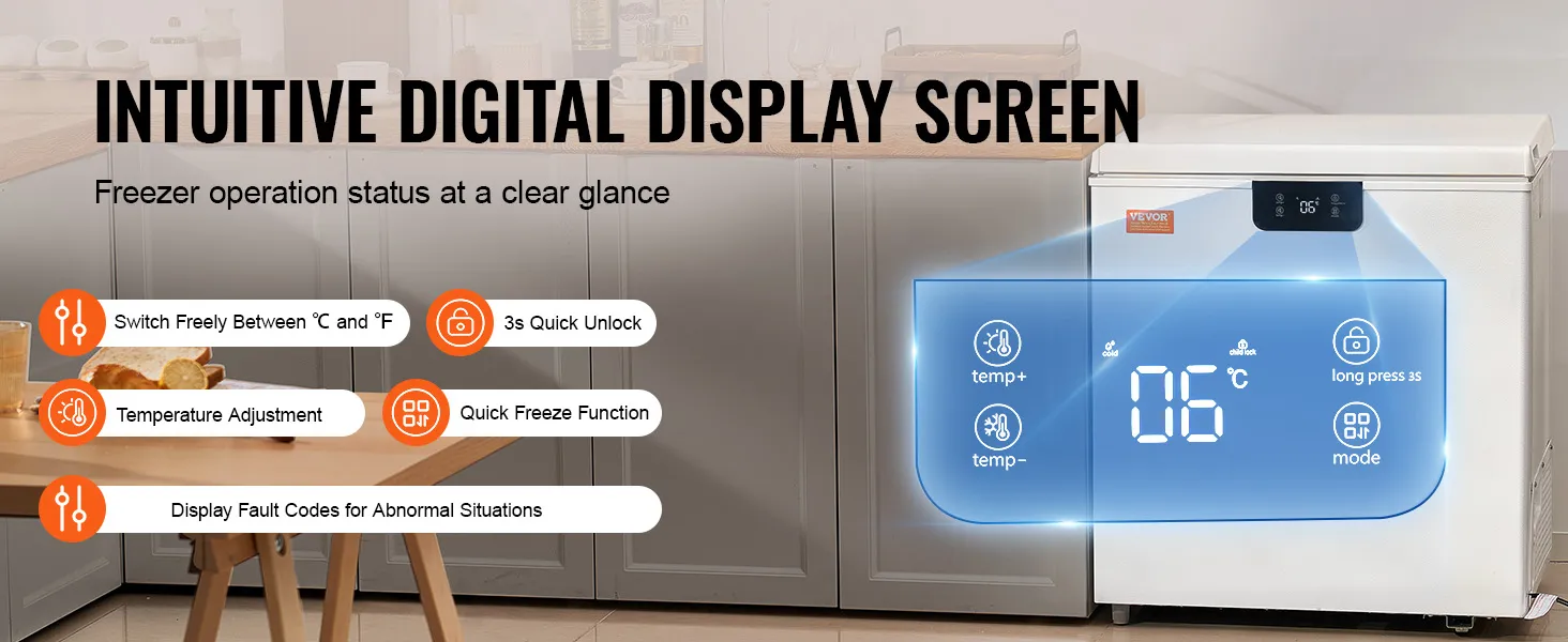 VEVOR chest freezer with intuitive digital screen, temperature adjustment, and quick freeze functions.