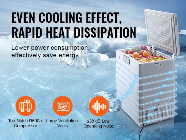 VEVOR chest freezer in icy landscape, showcasing large ventilation vents and low operating noise features.