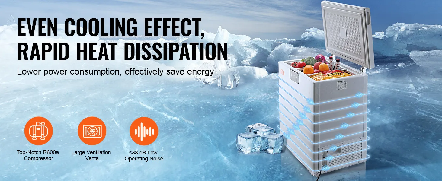 VEVOR chest freezer in icy landscape, showcasing large ventilation vents and low operating noise features.