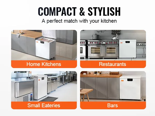 VEVOR chest freezer in home kitchens, restaurants, small eateries, and bars; compact and stylish design.