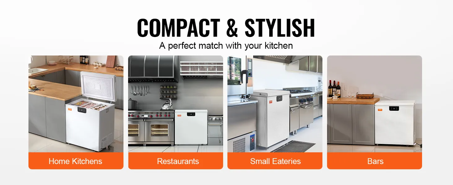 VEVOR chest freezer in home kitchens, restaurants, small eateries, and bars; compact and stylish design.
