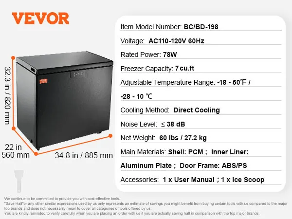 VEVOR chest freezer bd/bc-198, 7 cu.ft/198l, black, dimensions 34.8"x22"x32.3", 78w power, -18–50°f temp range.