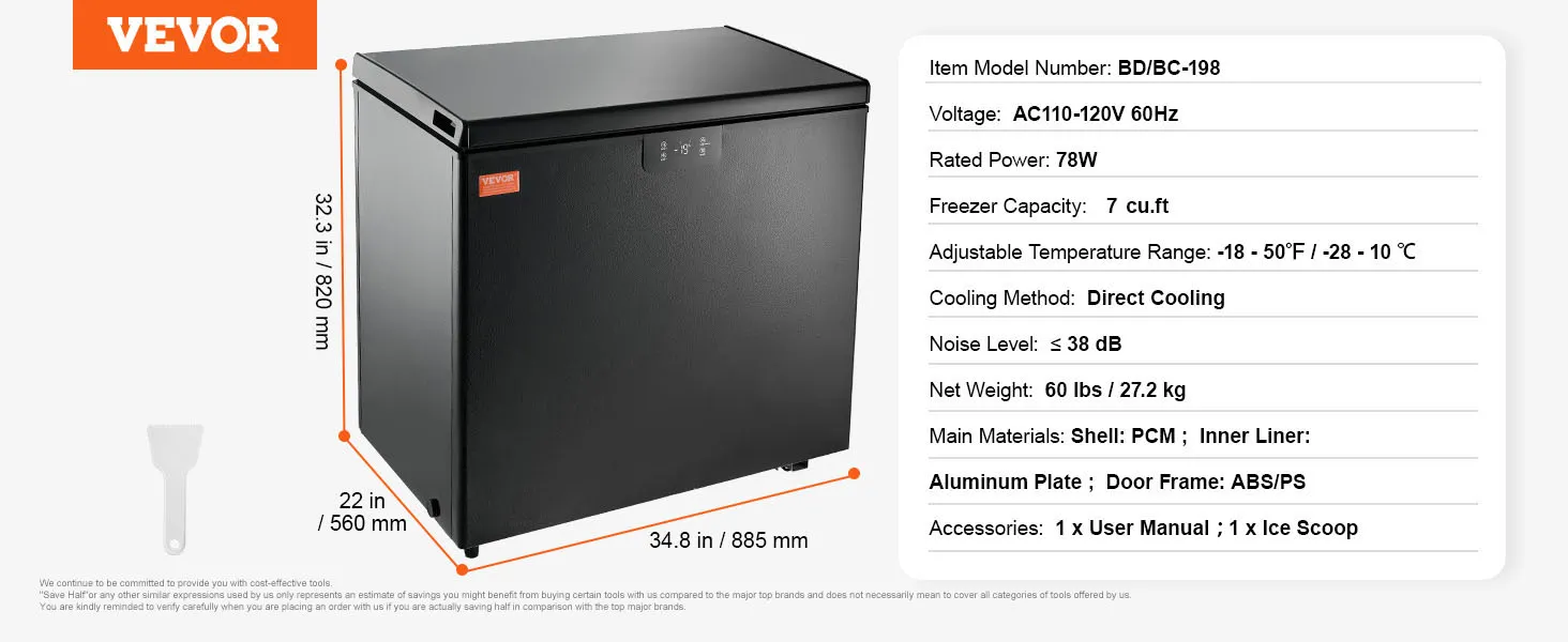 VEVOR chest freezer bd/bc-198, 7 cu.ft/198l, black, dimensions 34.8"x22"x32.3", 78w power, -18–50°f temp range.