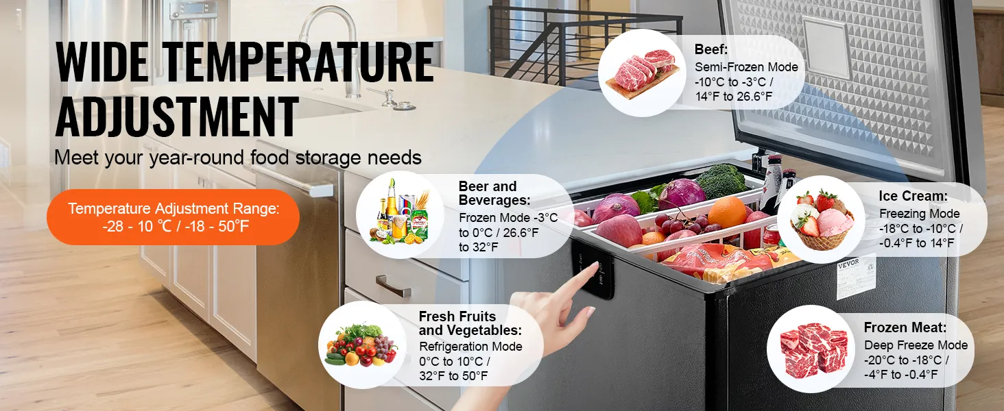 wide temperature adjustment VEVOR chest freezer open with various food items and temperature ranges displayed.