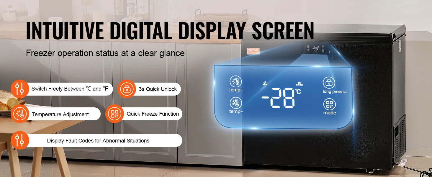 VEVOR chest freezer with intuitive digital display screen, temperature adjustment, quick freeze, and mode options.