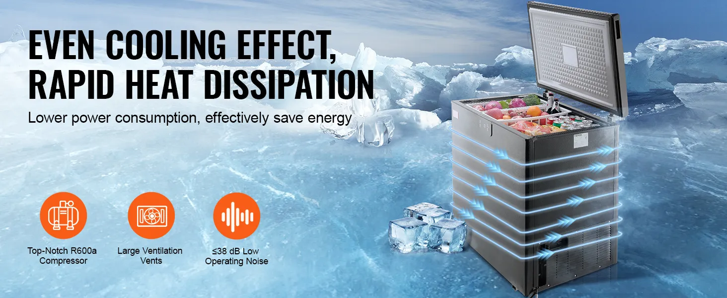 VEVOR chest freezer highlighting even cooling, rapid heat dissipation, and large ventilation vents.