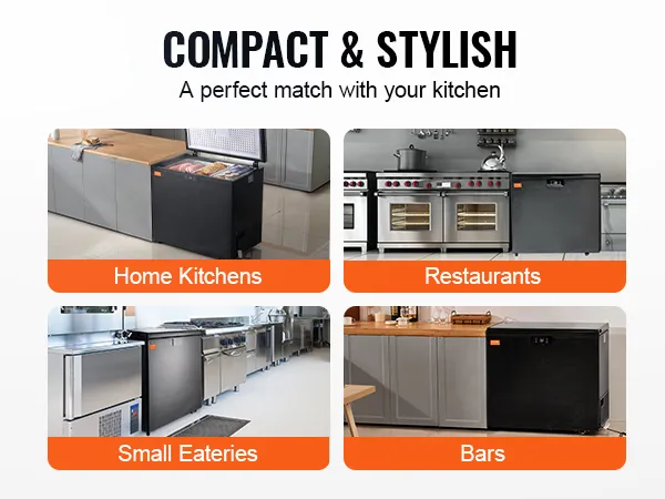VEVOR chest freezer in home kitchens, restaurants, small eateries, and bars showcasing compact design.