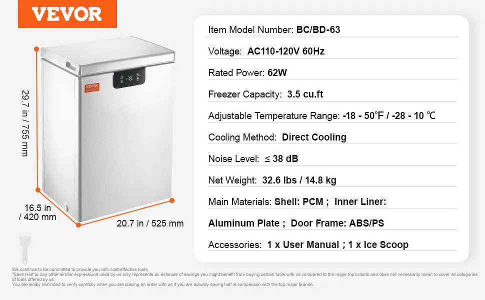VEVOR Chest Freezer, 2.22 Cu.ft / 63 L Compact Deep Freezer, Free ...