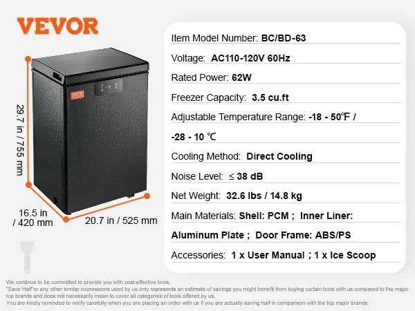 Congelador horizontal VEVOR, 63 l, negro, 29,7 x 20,7 x 16,5 pulgadas, enfriamiento directo, 62 W, 38 dB, incluye manual de usuario y pala para hielo.