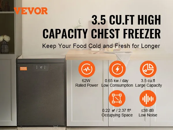 Congelador horizontal VEVOR con capacidad de 2,22 pies cúbicos/63 l, 62 W de potencia, bajo nivel de ruido y funciones de eficiencia energética.