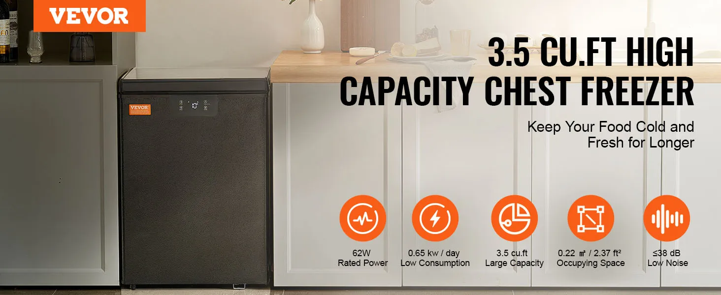 Congelador horizontal VEVOR con capacidad de 2,22 pies cúbicos/63 l, 62 W de potencia, bajo nivel de ruido y funciones de eficiencia energética.