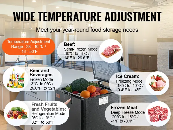 Congelador horizontal VEVOR con amplio ajuste de temperatura para cerveza, frutas, verduras, carne y helado.