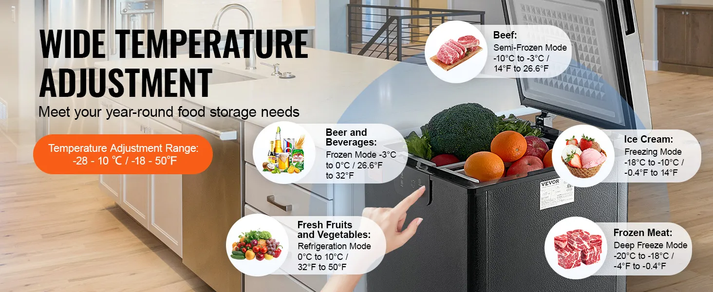 Congelador horizontal VEVOR con amplio ajuste de temperatura para cerveza, frutas, verduras, carne y helado.