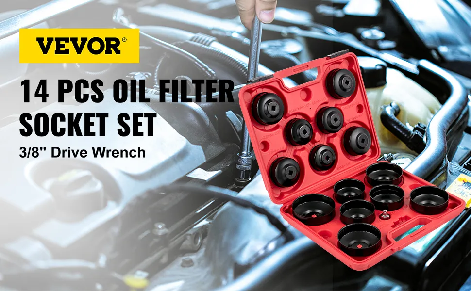 VEVOR oil filter wrench set in a red case with 14 pieces, used in an engine bay.