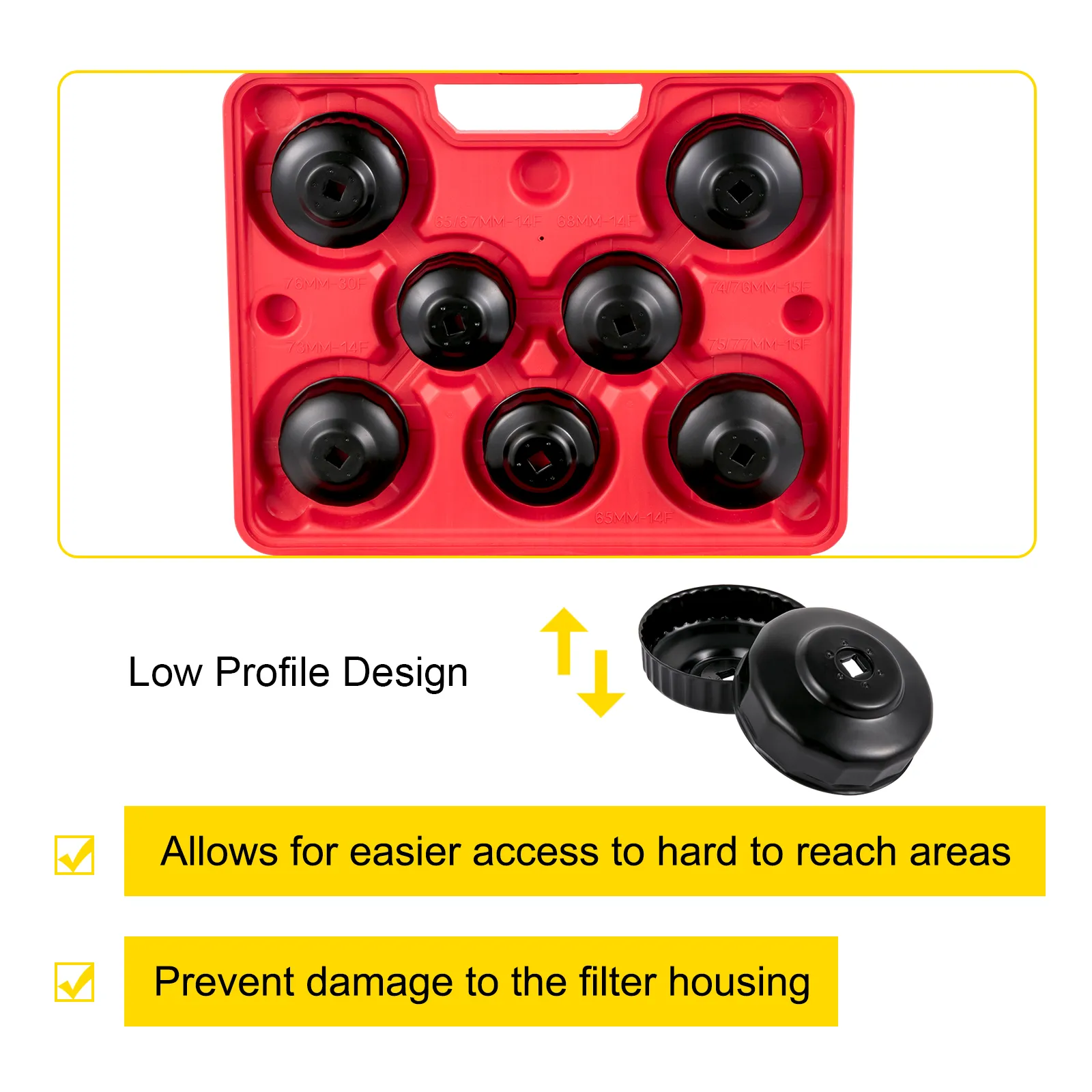 VEVOR oil filter wrench set with six wrenches in a red case and low profile design.