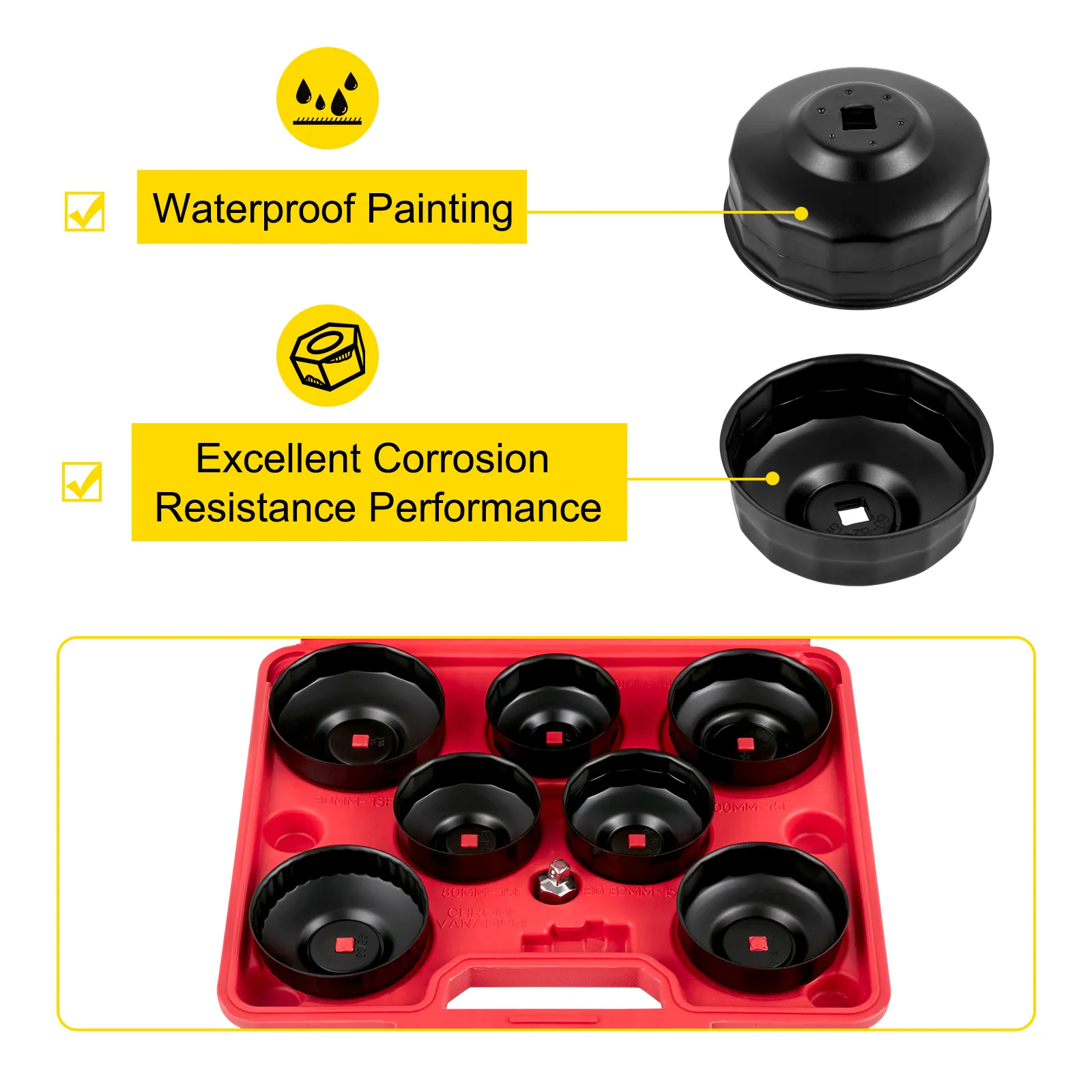 VEVOR oil filter wrench set with waterproof painting and corrosion resistance.