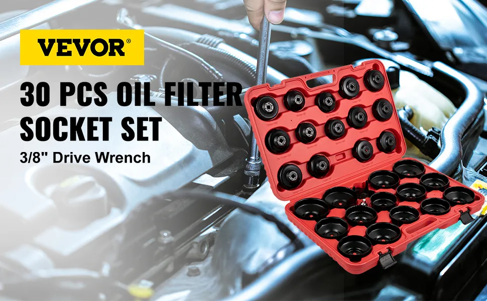 VEVOR oil filter socket set open case, close-up of engine and wrench tool.