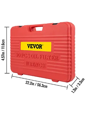 red carrying case for the 30 pcs VEVOR oil filter socket set, measuring 22.2in x 4.57in.