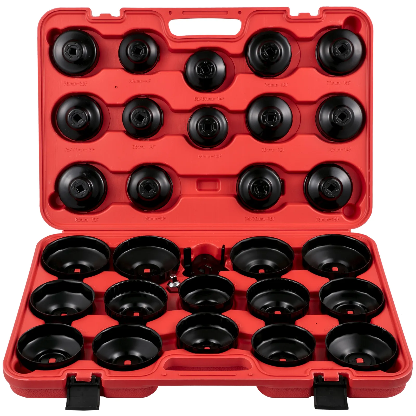 red case with a 23-piece VEVOR oil filter socket set neatly organized.