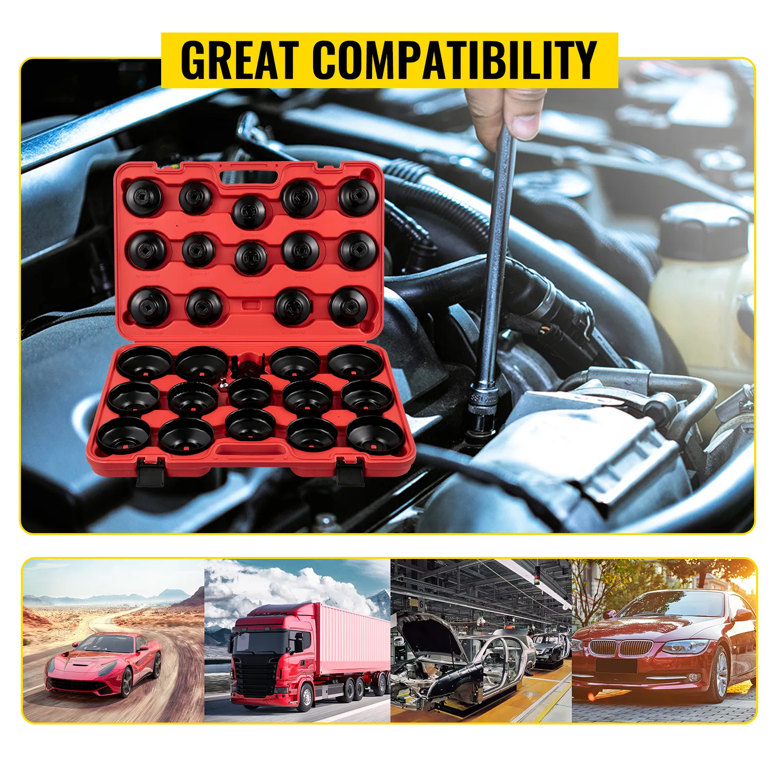 VEVOR oil filter socket set with varied caps in red case, suitable for different vehicles.