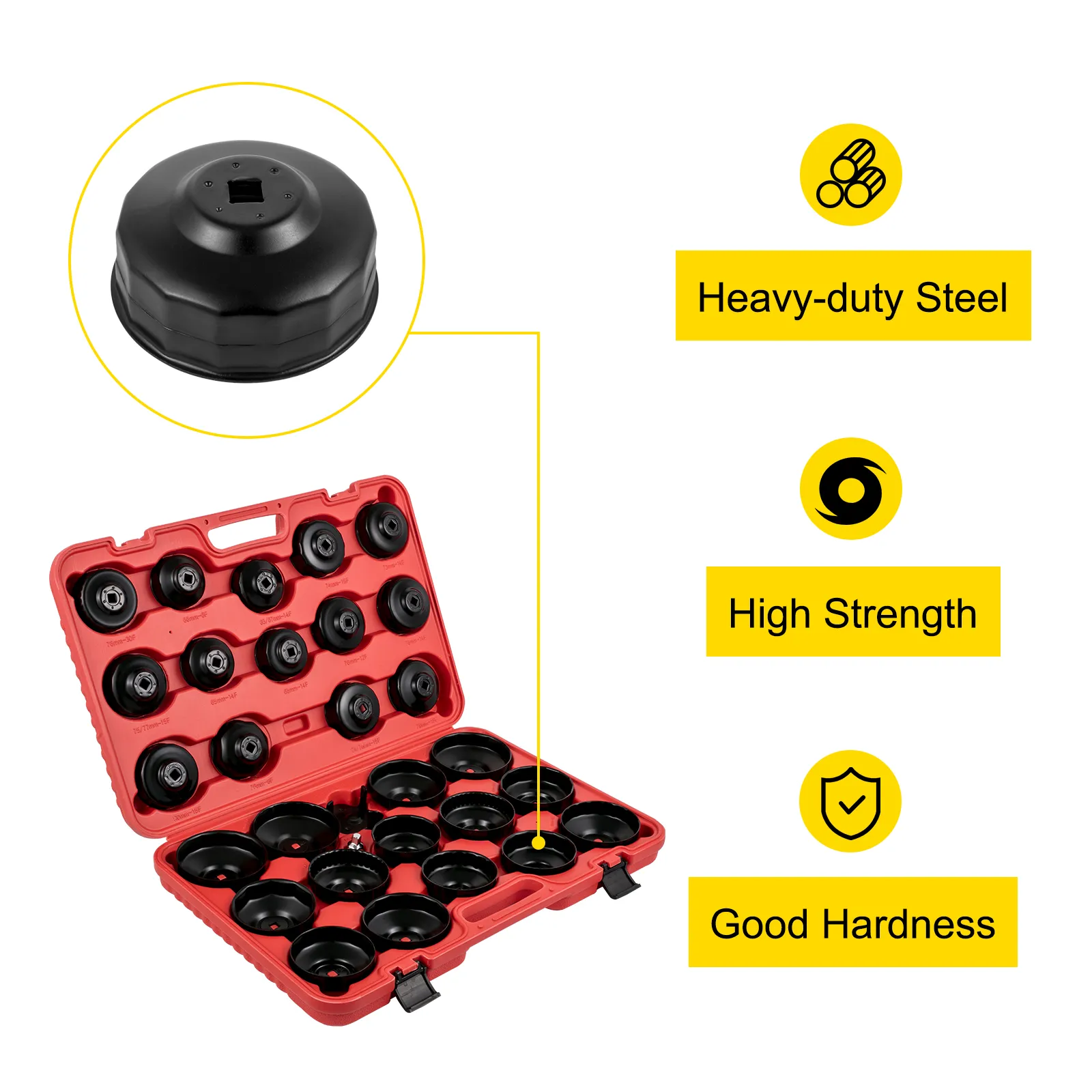VEVOR oil filter socket set in a red case with heavy-duty steel construction.