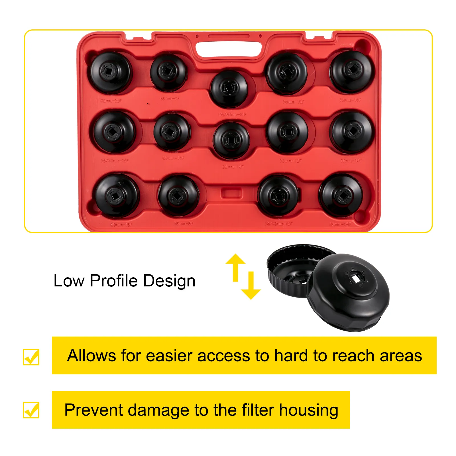 red case with 12 black sockets, low profile design for VEVOR oil filter socket set.