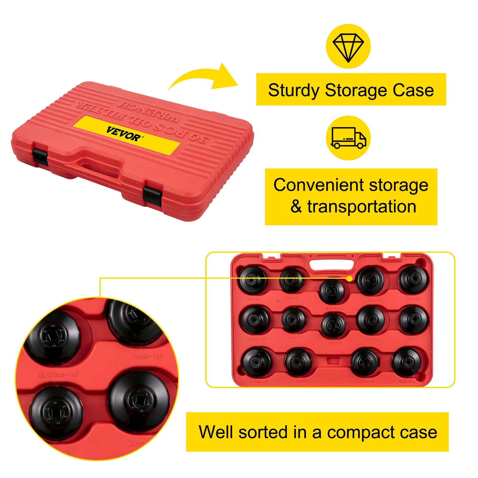 VEVOR oil filter socket set in a sturdy red storage case, sorted for easy transport.