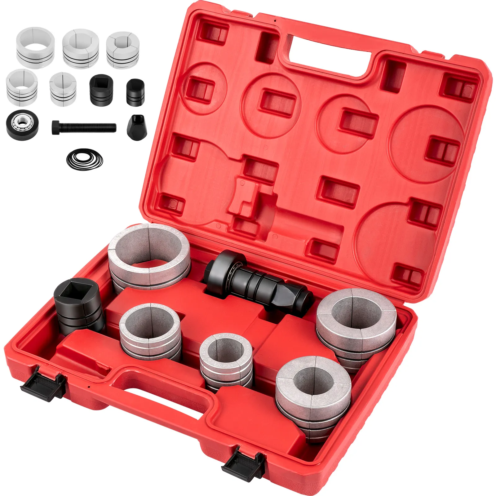 red case with VEVOR pipe stretcher kit, including various pipe attachments.