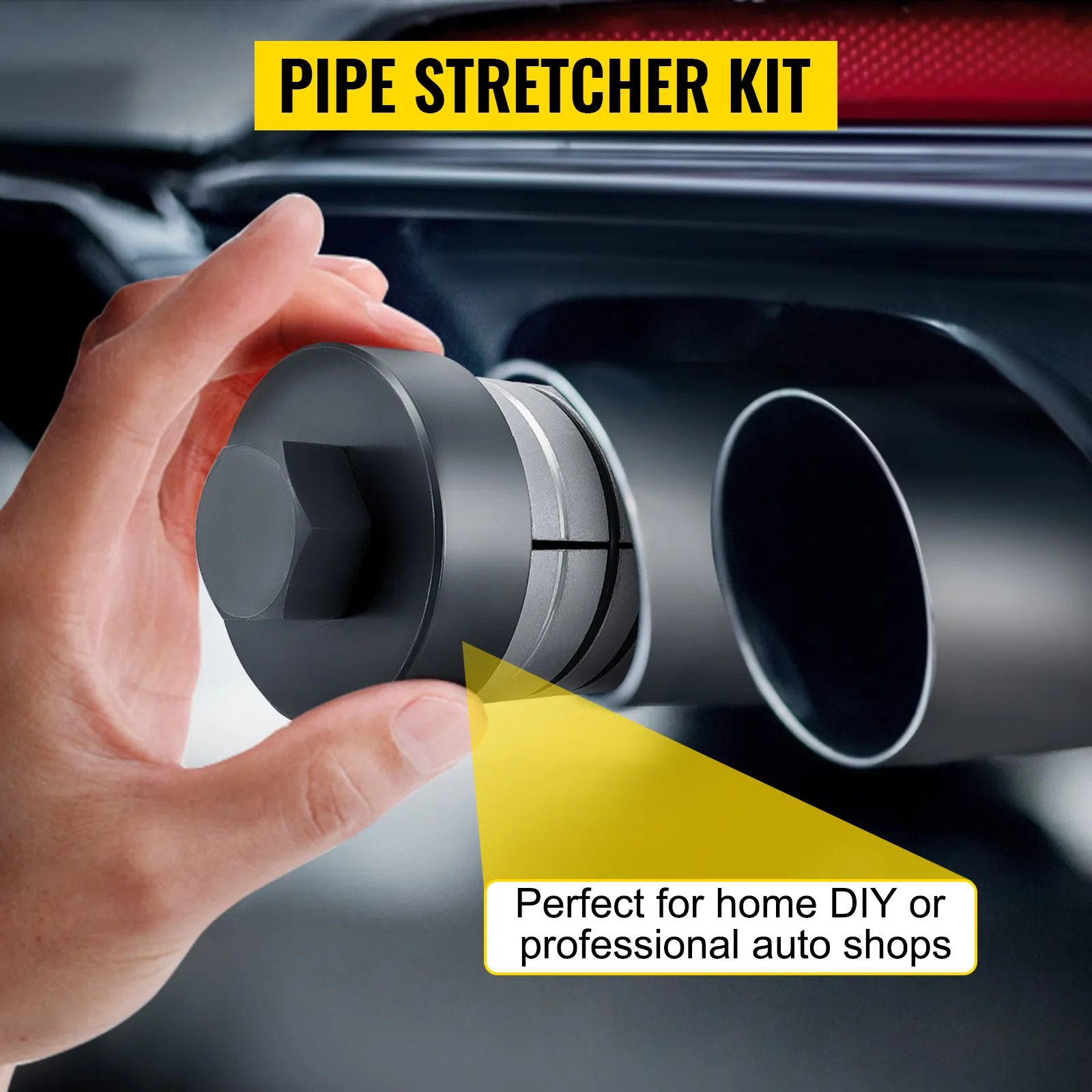 hand holding VEVOR pipe stretcher kit with text promoting diy or professional auto use.
