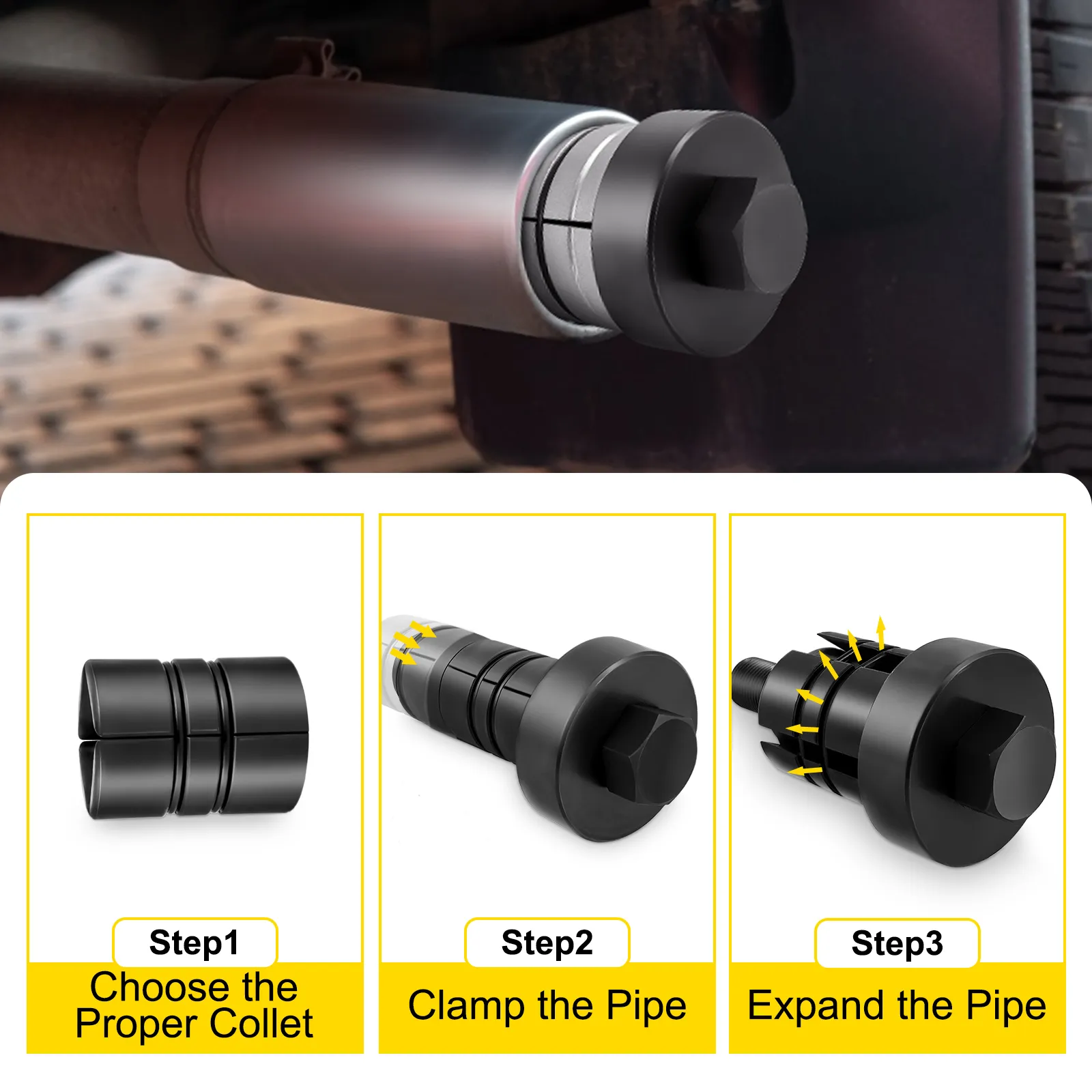 VEVOR pipe stretcher kit in use, illustrating collet selection and pipe expansion steps.