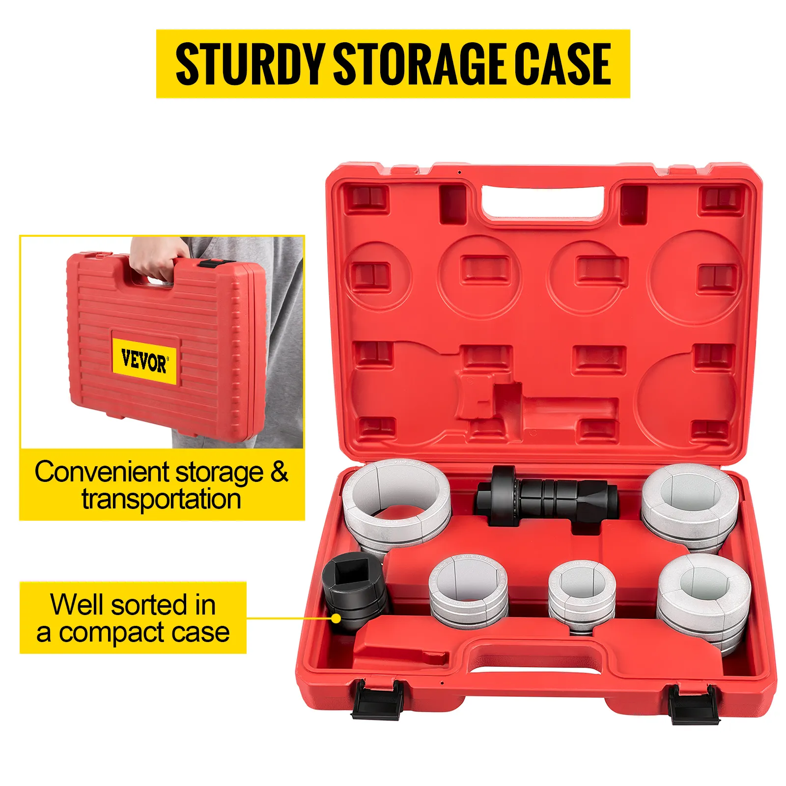 VEVOR pipe stretcher kit in a sturdy red storage case, well sorted for easy transport.