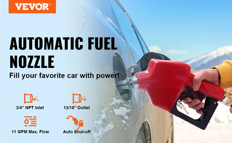VEVOR automatic fuel nozzle in use at a car fuel inlet with specs on display.