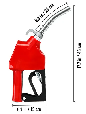 red VEVOR automatic fuel nozzle with measurement indicators, 17.7 in height and 5.1 in width.