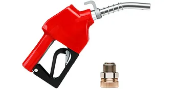 red VEVOR automatic fuel nozzle with black handle, silver tip, and accompanying metallic nozzle fitting.