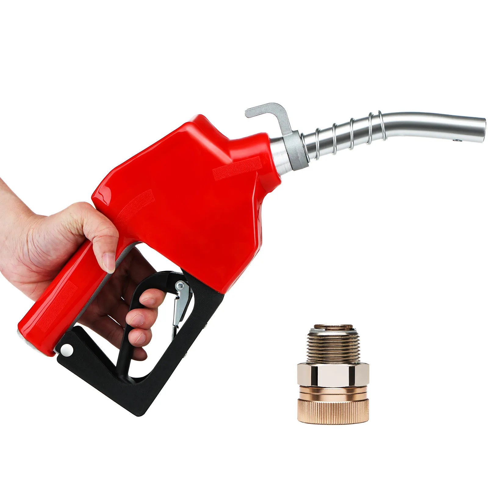 hand-held red VEVOR automatic fuel nozzle with a brass fitting adapter on a white background.