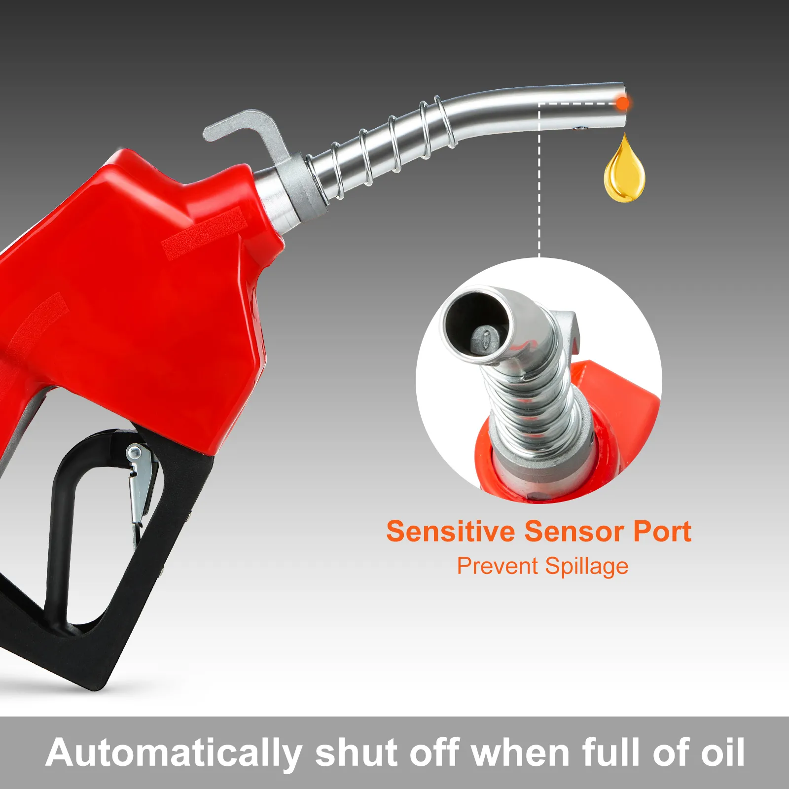 red fuel nozzle with a silver tip and sensitive sensor port, labeled "VEVOR automatic fuel nozzle".