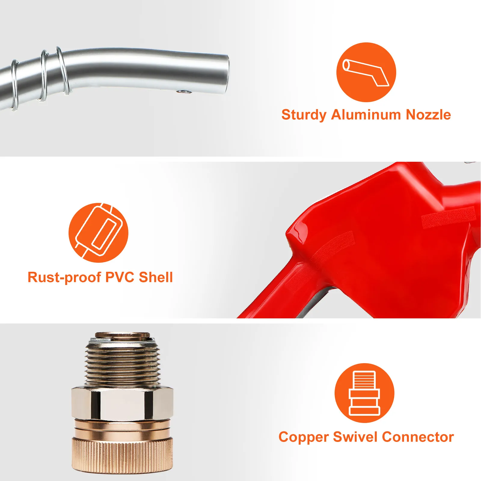 sturdy aluminum nozzle, rust-proof pvc shell, copper swivel connector for VEVOR automatic fuel nozzle.