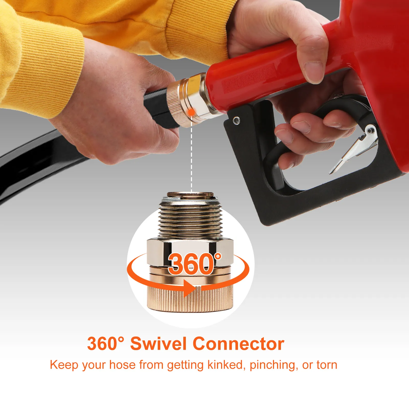 hand connecting VEVOR automatic fuel nozzle with 360° swivel connector preventing hose kinks.