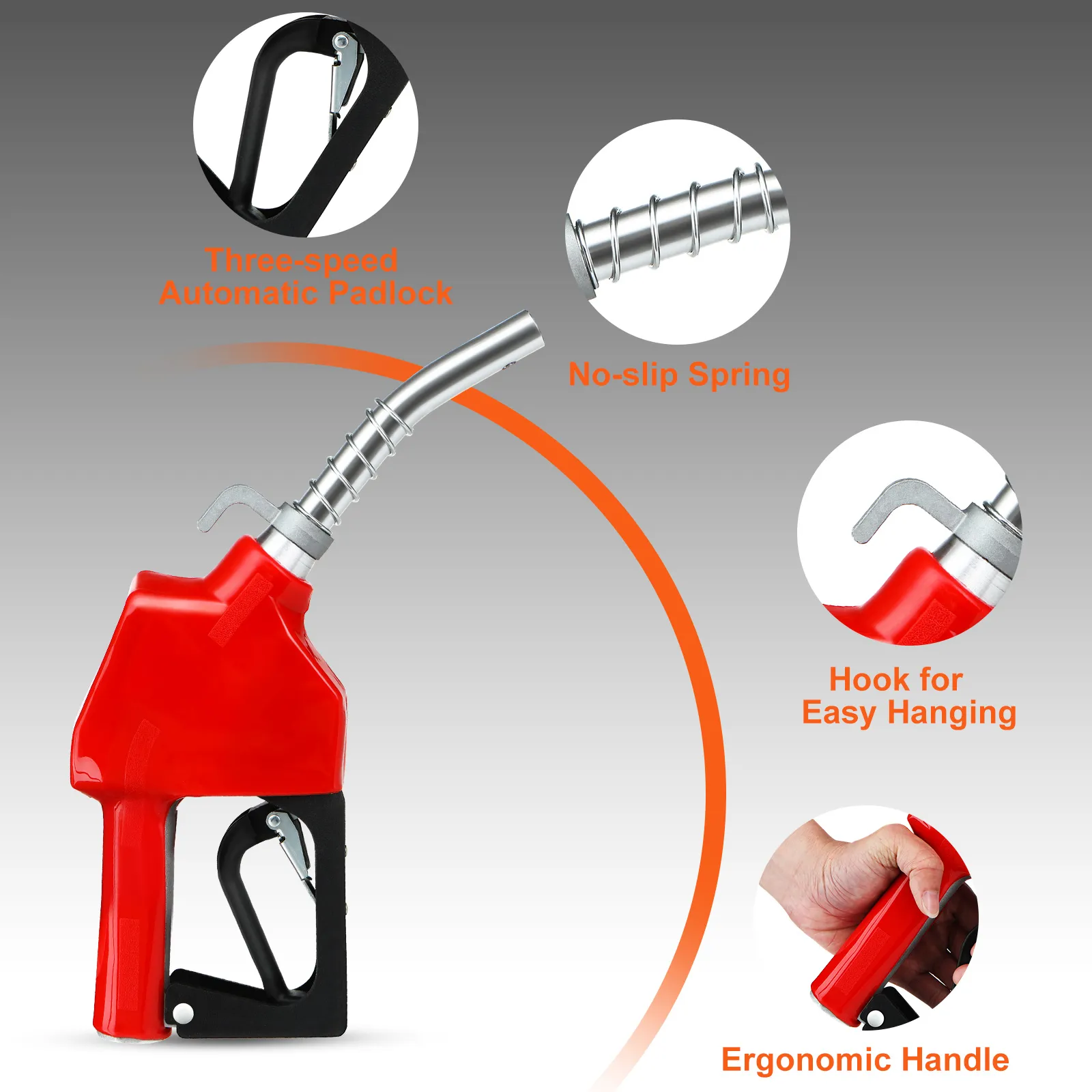 VEVOR automatic fuel nozzle with three-speed padlock, no-slip spring, ergonomic handle, and hanging hook.