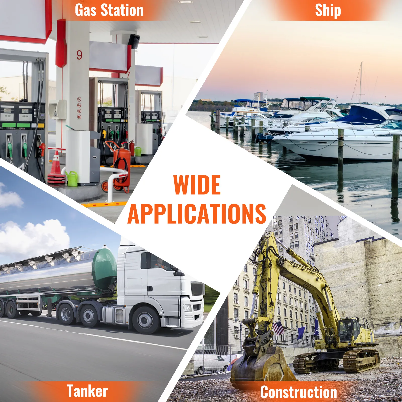 gas station, ship, tanker, and construction site showcasing wide applications of VEVOR automatic fuel nozzle.