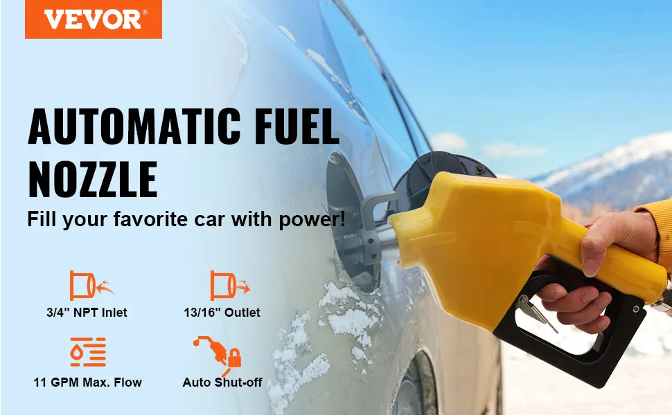 VEVOR automatic fuel nozzle portrait showcasing yellow nozzle fueling a car with snowy mountains in background
