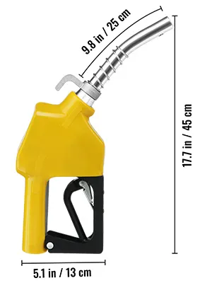 yellow VEVOR automatic fuel nozzle, 9.8in length, 17.7in height, 5.1in width, measurements shown.