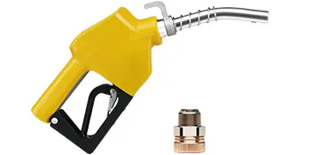 yellow VEVOR automatic fuel nozzle with metal adapter set on a white background.