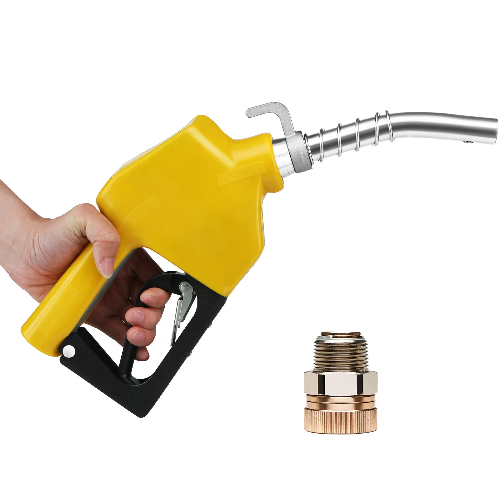 yellow VEVOR automatic fuel nozzle with handle grip and metal adapter.